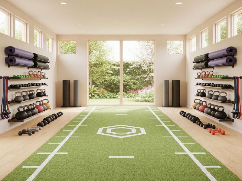 Profesjonalny sprzęt czyszczący, w tym specjalistyczny odkurzacz i środek odkażający, używany na podłodze ze sztucznej trawy na siłowni.